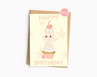 Sonny Angel Greeting Card DIGITAL | Hand-Drawn Birthday Cake Illustration | Template DIY Kawaii Pink Rabbit Bunny | 5x7"