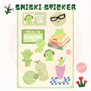 SMISKI Illustration DIGITALA Klistermärken Paket Kindle Bokälskare Bibliotek E-läsare Goodnotes Dagbok Utskrivbar Grön Matcha Söt Anmärkningsvärd Kawaii