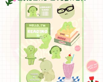 SMISKI Illustration DIGITAL Stickers Pack Kindle Book Lovers Library Ereader Goodnotes Diary Printable Green Matcha Cute Notable Kawaii