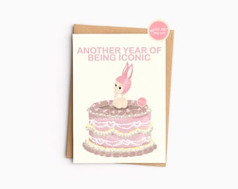 Sonny Angel Greeting Card DIGITAL | Hand-Drawn Birthday Cake Illustration | Template DIY Kawaii Pink Rabbit Bunny | 5x7"