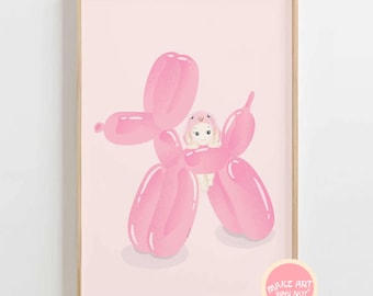 Printable Sonny Angel Poster Art Pink DIGITAL | Cherub Bunny Aesthetic Cute Personal Girlie Girl Sausage Dog Dachshund Riding Balloon Fun