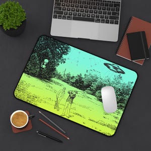 Vintage Golfers and UFO Golf Desk Mat, Unique Neoprene Workspace Accessory, Fun Keyboard and Mouse Pad, Quirky Office Decor, Golf Enthusiast