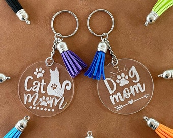 Keychain, Cat Mom Dog Mom, Engraved Acrylic 2" Circle with Colored Tassel, Handmade, Cute Gifts under 10, Cat Dog Love Bag Purse Accessory