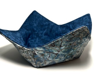 Bowl Cozy, Bowl Holder Standard Size, Reversible Blue Steel Batik Fabric, Protect Hands, Gift For, Cosy Cozies, Hot Cold Mit Hugger