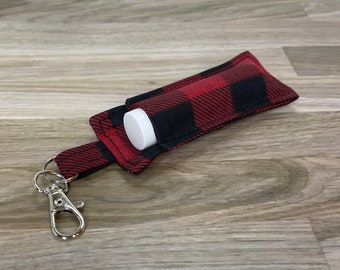 Lip Balm Holder Keychain w Lip Balm, Red Buffalo Plaid, Cosmetic Lip Gloss, Lipstick Clip On, Christmas Winter Gift, Stocking Stuffer Gifts
