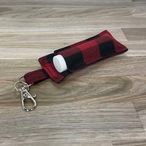 Lip Balm Holder Keychain w Lip Balm, Red Buffalo Plaid, Cosmetic Lip Gloss, Lipstick Clip On, Christmas Winter Gift, Stocking Stuffer Gifts