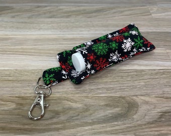 Lip Balm Holder Keychain w Lip Balm, Snowflakes, Cosmetic Lip Gloss Clasp, Lipstick Clip,  Christmas Winter Red Green, Stocking Stuffer Gift