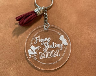 Keychain, Figure Skating Mom, Engraved Acrylic 2" Circle with Colored Tassel, Handmade, Figure Ice Skating Bag Accessory, Gifts under 10