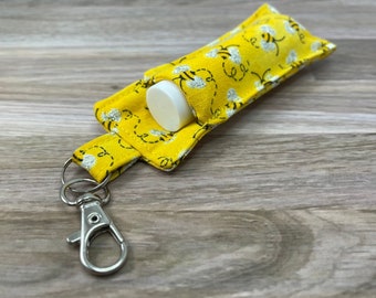 Lip Balm Holder Keychain w Lip Balm, Bumble Honey Bees,  Cosmetic Lip Gloss Pocket Clasp, Clip On Make Up Carry Case, Gift for Under 10