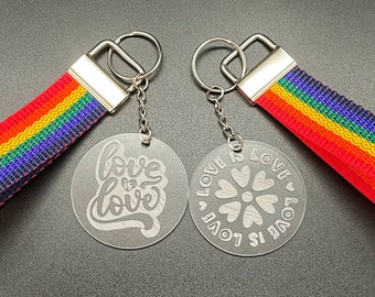 Pride Keychain, Love Is Love, LGBTQIA+ Engraved Acrylic 2" Circle with Rainbow Wristlet Key Fob, Gift For Pride, Handmade Gifts under 10