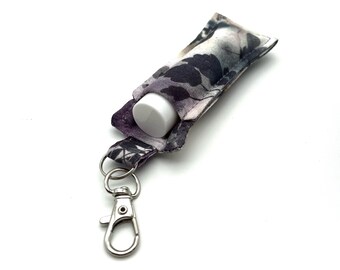 Lip Balm Holder Keychain w Lip Balm, Beautiful Lavender Floral Leaves, Cosmetic Lip Gloss Pocket Clasp, Clip On Make Up, Gifts for Under 10