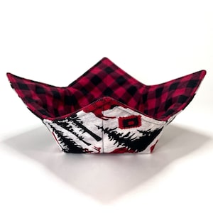 Bowl Cozy, Forest Animals Buffalo Plaid, Reversible Bowl Holder Standard Size, Protect Hands, Gift for, Cosy Cozies Hugger, Hot Cold Mit