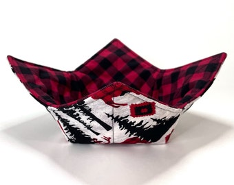 Bowl or Cup Cozy, Forest Animals Buffalo Plaid, Reversible Bowl or Cup Coaster, Protect Hands, Cosy Cozies Coozy, Hot Cold Mit Gift