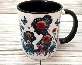 Mother Daughter Mug, Black Lined and Handled Coffee Cup, Silhouette Mother and Daughter with Flowers, Gift for Mom, 11 oz