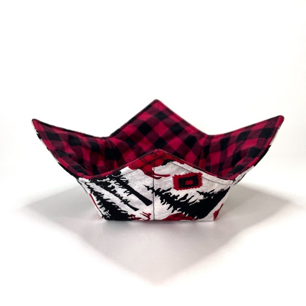 Bowl Cozy, Forest Animals Buffalo Plaid, Bowl Holder Standard Size, Reversible Quilted, Protect Hands, Great Gift, Cosy Cozies, Hot Cold Mit