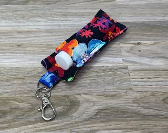 Lip Balm Holder Keychain w Lip Balm, Floral Colorful Flowers, Cosmetic Lip Gloss Pocket Clasp, Clip On Make Up Carry Case, Gift for Under 10