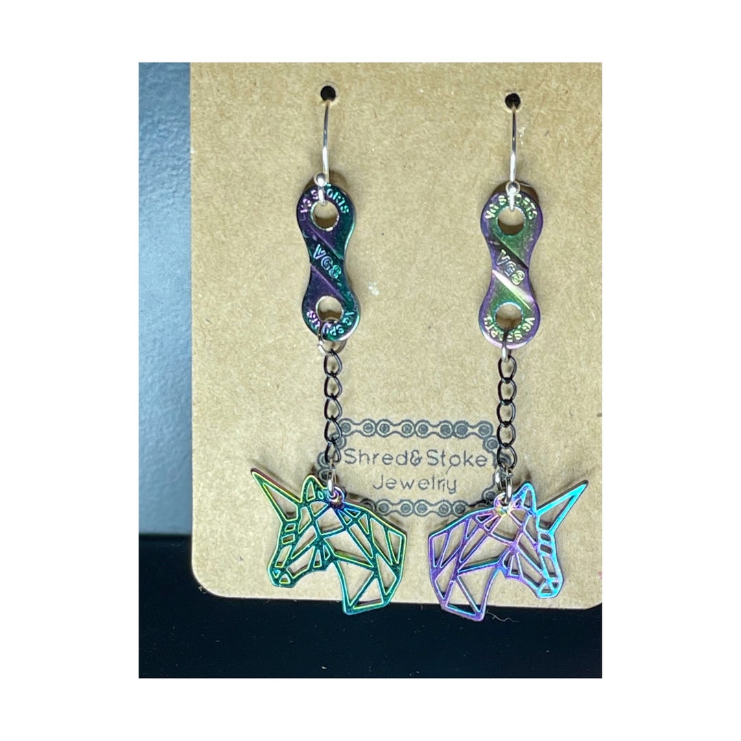 Oil Slick Rainbow Unicorns Bike Chain Link Earrings Etsy