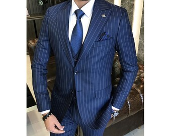 Navy blue Stripes suit for men , three piece suit for men , for weddings and parties , PV Fabric durable for all seasons .