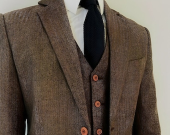 Vintage Brown Herringbone woolen suit for men's , suit for wedding , three piece suit for men