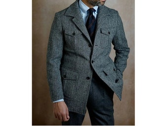 Heritage Elegance: Vintage Grey , brown Herringbone Jacket with Classic 3-Button Design 4 Front Pockets