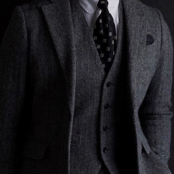 3-teiliger Herren-Fischgrätenanzug, Tweed-Herringbone-Anzug, Premium-Qualität, Wollanzug aus Vintage-Retro, Für