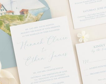 Conjunto de invitaciones de boda de Seabrook / Plantilla editable de Canva / Diseño costero en acuarela