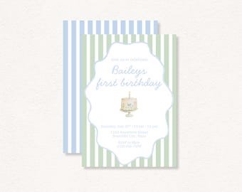 Invitación de primer cumpleaños con tarta de acuarela en tonos pastel: plantilla editable de Canva (PDF imprimible de 5x7) - The Lottie