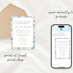 May include: A rectangular baby shower invitation card with a blue floral border, featuring text including Please join us for a baby shower honoring Sarah Smith. Next to it is a tan envelope and a smartphone displaying the same invitation design.