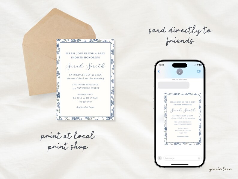 May include: A rectangular baby shower invitation card with a blue floral border, featuring text including Please join us for a baby shower honoring Sarah Smith. Next to it is a tan envelope and a smartphone displaying the same invitation design.