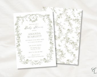 Invitación para baby shower con diseño floral en verde salvia / Invitación vintage de jardín botánico (imprimible de 5x7 pulgadas)