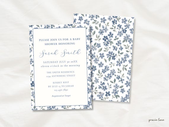 Blue Bow Baby Shower Invitation Template, Elegant Design (Digital Download)