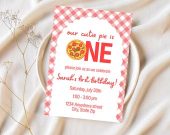 Invitación de cumpleaños "Our Cutie Pie" (Nuestro pequeño tesoro) cumple un año, plantilla editable de Canva, invitación de primer cumpleaños con temática de pizza.
