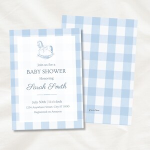 May include: Baby shower invitation featuring a blue and white gingham pattern. The invitation includes the text "Join us for a BABY SHOWER Honoring Sarah Smith" with event details. A rocking horse illustration is at the top.