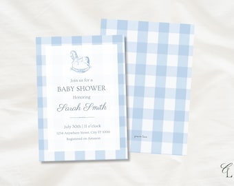 Sjabloon uitnodiging babyshower bewerkbaar canvas | Babyuitnodiging met blauwe gingham-ruit, hobbelpaard, digitaal