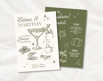 Plantilla de invitación para despedida de soltera con bikinis y martinis / Invitación editable en Canva para despedida de soltera / Despedida de soltera tropical / Viaje de chicas
