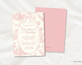 Invitación de primer cumpleaños con estampado Toile rosa: Plantilla editable para fiesta con lazo (Plantilla imprimible de Canva de 5x7) - The Provence