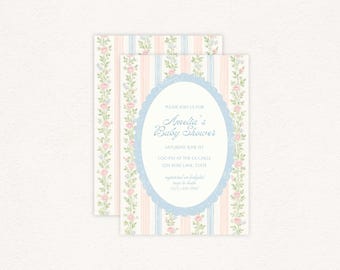 Plantilla de invitación vintage para baby shower con diseño floral: diseño de rayas en tonos pastel (plantilla editable de Canva) - The Lyla