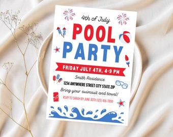 Fourth of July Pool Party Invitation, EDITABLE Canva Template, Independence Day Digital Invitation