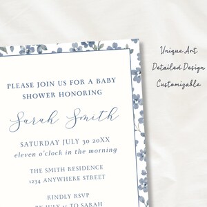 May include: A rectangular baby shower invitation card featuring a blue floral border and dark blue text that reads: PLEASE JOIN US FOR A BABY SHOWER HONORING Sarah Smith SATURDAY JULY 30 20XX eleven o'clock in the morning THE SMITH RESIDENCE 1234 ANYWHERE STREET.