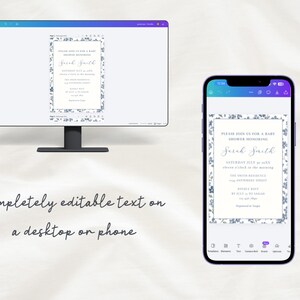 May include: A desktop computer monitor and a smartphone displaying a digital baby shower invitation template with a blue floral border and editable text that reads Please join us for a baby shower honoring Sarah Smith.