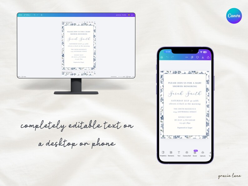 May include: A desktop computer monitor and a smartphone displaying a digital baby shower invitation template with a blue floral border and editable text that reads Please join us for a baby shower honoring Sarah Smith.