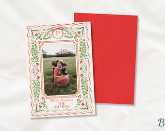 Floral Gingham | Rustic Holiday Photo Card | Vintage Botanical Christmas Template | Editable Canva Holiday