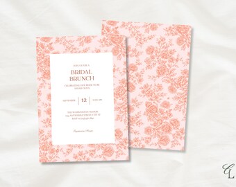 Invitación para brunch nupcial con flores corales / Plantilla editable de Canva (5 x 7 pulgadas)