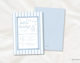 Invitación de cumpleaños en acuarela azul / Plantilla editable de Canva