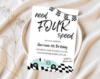 Invitación de cumpleaños número 4 con temática de coche de carreras: Plantilla editable de Canva (descarga digital)