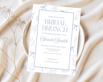 Coastal Bridal Brunch Invitation: Blue Seashells, Bows (EDITABLE Canva Template)