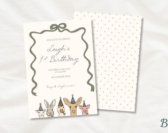 Invitación de primer cumpleaños de animales del bosque / Plantilla de Canva neutra (descarga digital)
