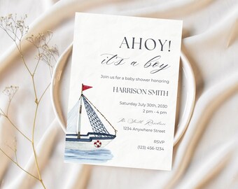 Ahoi, es ist eine Junge-Babyparty-Einladung, EDITIERBARE Canva-Vorlage, Nautische Themenparty
