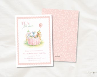 Plantilla de invitación de cumpleaños "Té para dos", invitación de segundo cumpleaños para niña, fiesta de té floral rosa, editable en Canva, fiesta de jardín vintage.