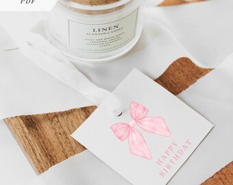 Etichetta regalo con fiocco di compleanno rosa, confezione di compleanno, etichetta regalo di compleanno, download digitale, PDF stampabile, confezione regalo, etichette regalo